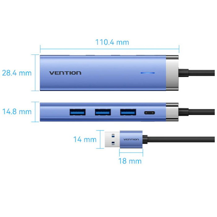 Vention Hub USB 3.0 TgfSb con 3 puertos USB, 1 RJ45 y 1 USB Tipo-C PD